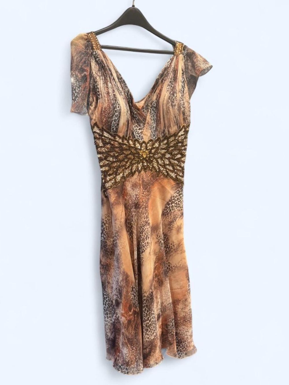 J & J Brown Leopard Animal Print Beaded Sequin Fit & Flare Midi Dress Size 12